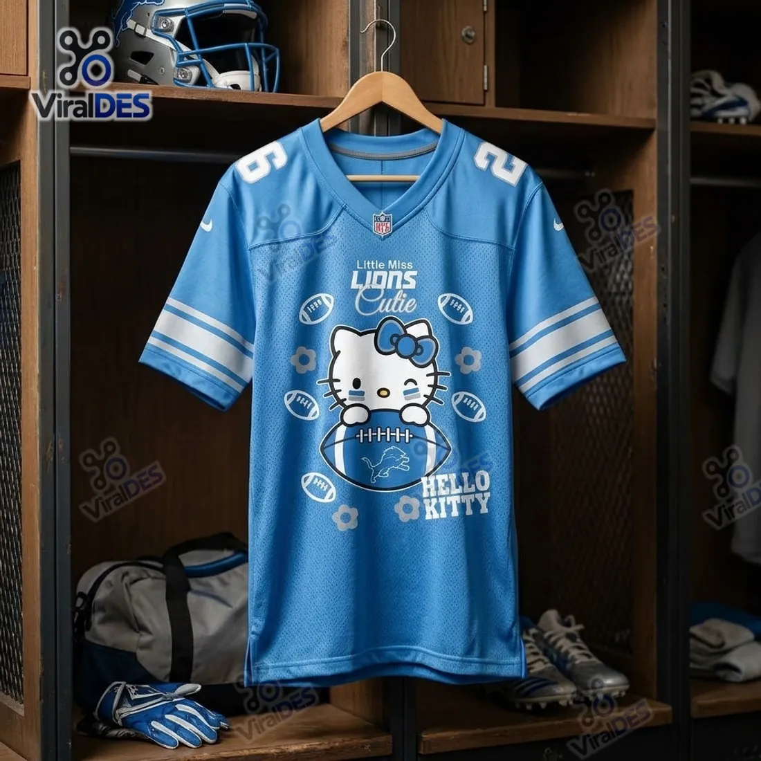 Detroit Lions x Hello Kitty Blue Football Jersey hanging in a wooden locker beside a silver Lions helmet and football gloves