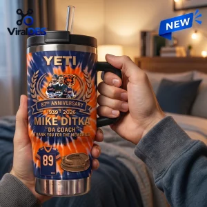Close-up view of the Mike Ditka Chicago Bears 87th Anniversary Tumbler held in hands indoors.
