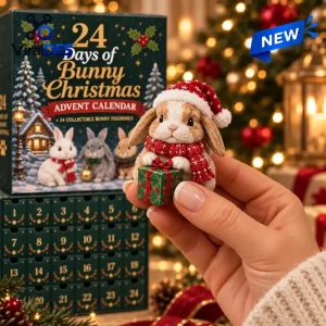 Close-up of hands holding a miniature bunny figurine in a santa hat with the 24 Days of Bunny Christmas Advent Calendar box.