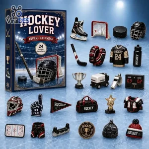 Front view of Hockey Lover Advent Calendar 2026 box with scattered miniature hockey ornaments.