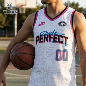 Front view of the Dude Perfect Squad Games Tour White Basketball Jersey worn on a court.