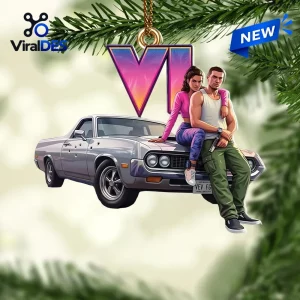 Hanging Christmas ornament depicting a silver car with two figures and Roman numeral VI logo.
