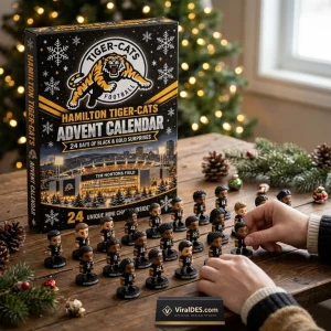 Front view of Hamilton Tiger-Cats 2026 Advent Calendar box with miniature figures on table.