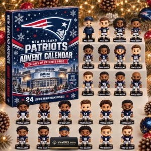 Front view of New England Patriots Advent Calendar 2026 box alongside twenty-four mini figurines.