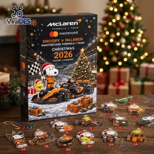 Front view of Snoopy x McLaren Formula 1 Christmas 2026 Advent Calendar box with scattered ornaments.