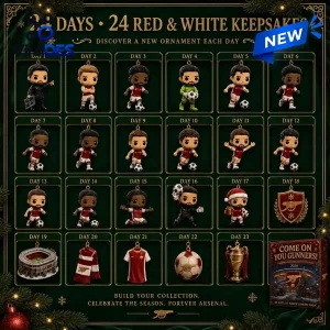 Front view of an Arsenal FC 2026 Christmas Football Advent Calendar featuring twenty-four numbered compartments with figurines.