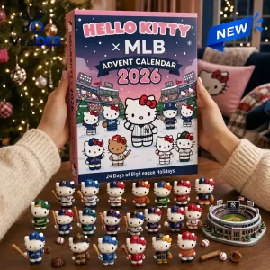 Front view of the MLB x Hello Kitty 2026 Advent Calendar box held up with figurines displayed.