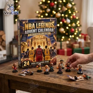 Front view of NBA Legends Basketball Advent Calendar 2026 box with mini figurine charms on a table.