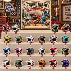 Front view of the Dirt Bike Helmet Christmas Advent Calendar 2026 box with twenty four mini helmet ornaments displayed below.