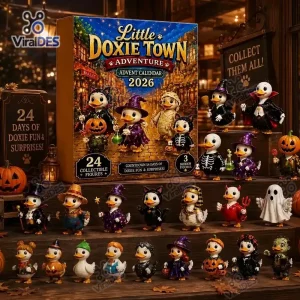 Front view of Little Doxie Town 2026 Halloween Advent Calendar box with collectible figures displayed on wooden tiers.