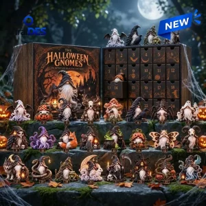 Front view of The Halloween Gnomes Advent Calendar box open with 24 numbered drawers and multiple spooky figurines displayed.