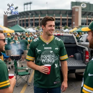 Man wearing a Green Bay Packers Fourth Wing custom football jersey during a stadium tailgate.