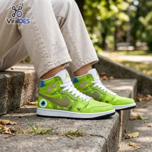 Lifestyle view of Green Monster Eye Custom High Top Sneakers worn outdoors on stone steps.
