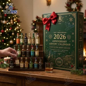 Green Jameson Irish Whiskey 2026 Anniversary Advent Calendar box with miniature bottles on a wooden stand.