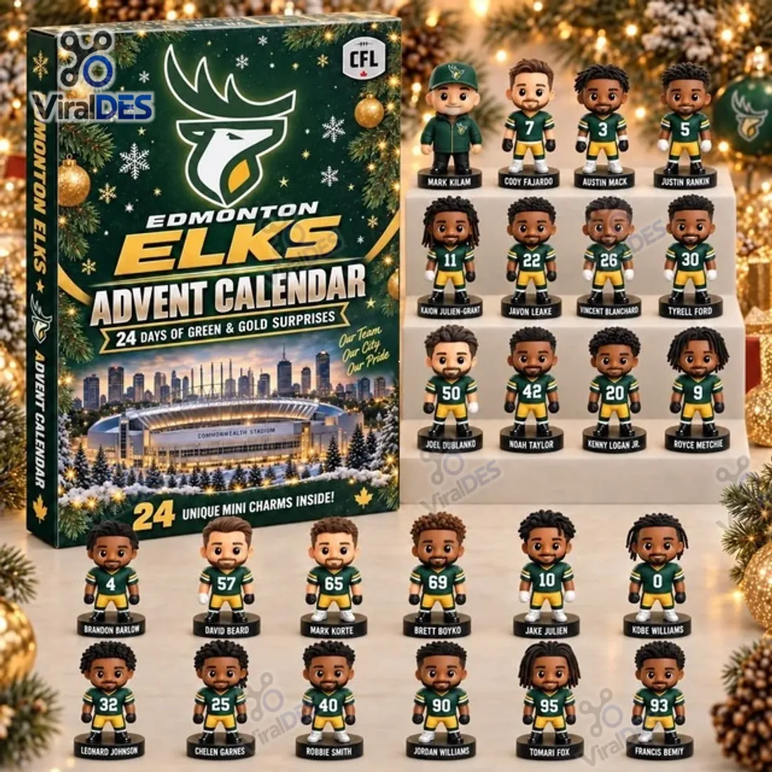 Edmonton Elks Canadian Football Advent Calendar box alongside all 24 freestanding 3D miniature player and coach figurines on named circular bases