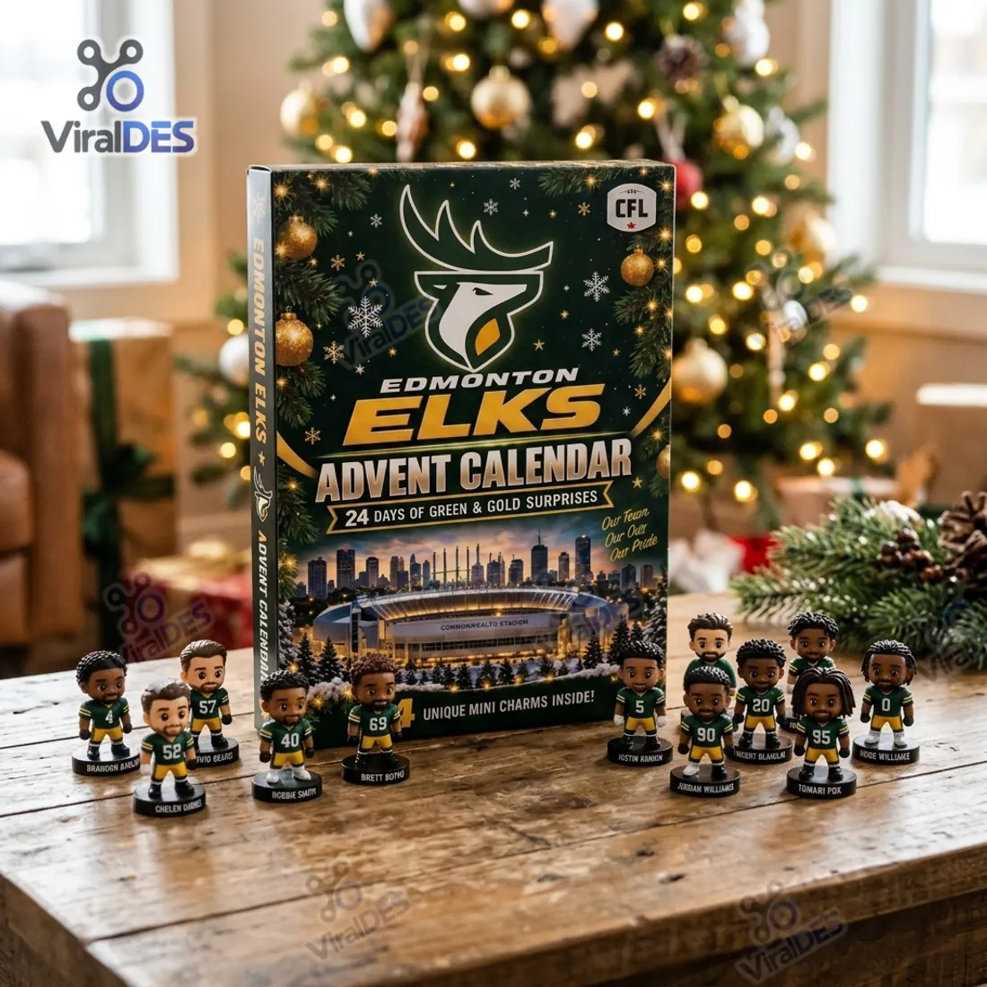 Edmonton Elks Canadian Football Advent Calendar standing on a rustic wood tabletop with miniature player figurines in front of a lit Christmas tree