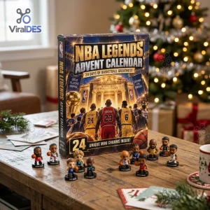 Front view of NBA Legends Basketball Advent Calendar 2026 box with mini figures on wooden table.