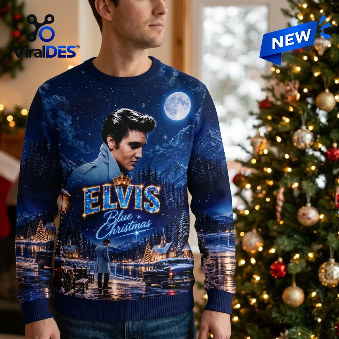 Elvis Presley Blue Christmas Ugly Sweater in festive living room setting
