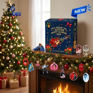 Front view of an Elvis Presley Rock Around The Guitar Advent Calendar displayed on a fireplace mantel.