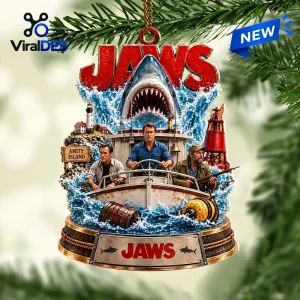 Front view of the Jaws Amity Island Christmas Holiday Ornament hanging on a tree.