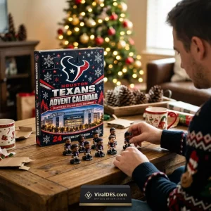 A man arranging mini figurines next to a Houston Texans NFL 2026 Advent Calendar on a wooden table near a Christmas tree.