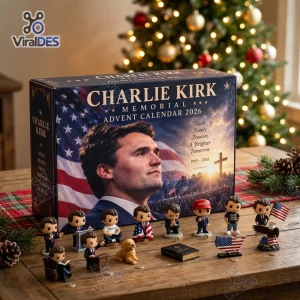 Front view of Charlie Kirk Memorial Advent Calendar 2026 box with figurines and Christmas tree background.