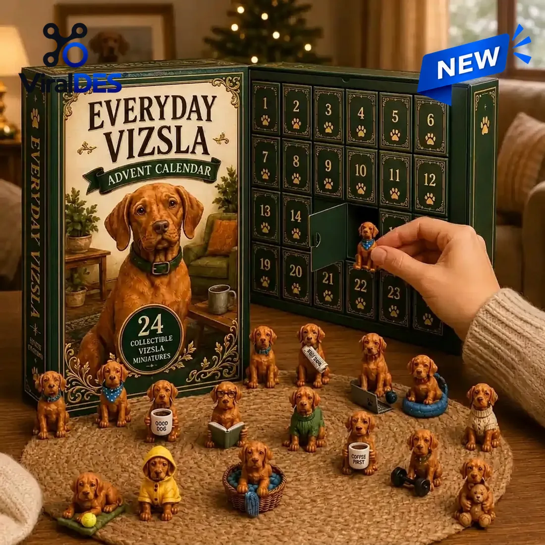 Everyday Vizsla Dog Advent Calendar displayed on home living room credenza