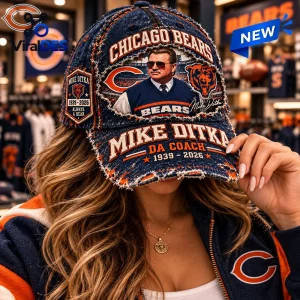 Front view of Chicago Bears Mike Ditka DA Coach 1936-2026 Denim Baseball Cap worn by a person.
