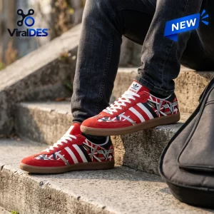 Close-up of red and white Adidas Samba Van Halen custom sneakers worn on concrete steps.