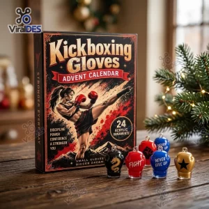 Front view of a Kickboxing Gloves Acrylic Christmas Advent Calendar box with miniature ornaments displayed.