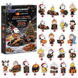 Front view of Snoopy x McLaren Formula 1 Christmas 2026 Advent Calendar box and numbered ornaments.