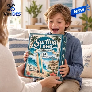 Front view of a boy smiling excitedly while receiving a Surfing Lover Christmas Advent Calendar.