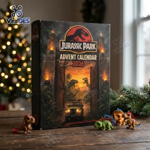 Front view of Jurassic Park 2026 Dinosaur Advent Calendar box with toy figurines on a wooden table.