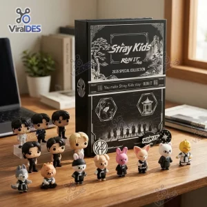 Front view of Stray Kids 2026 Special Collection Advent Calendar with figurines on desk.