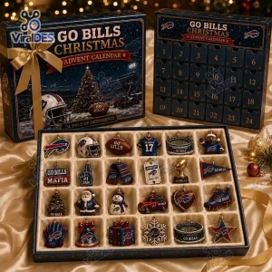Top view of a Buffalo Bills Christmas Advent Calendar with twenty-four numbered compartments and open ornaments tray.