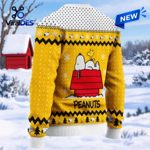 Back view of the Peanuts Snoopy Yellow Christmas Ugly Sweater featuring character motifs in a snowy scene.