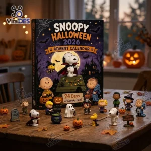 Front view of the Snoopy Peanuts Halloween 2026 Advent Calendar box displayed with small character figurines on a table.