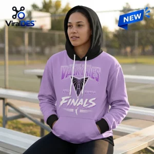 Front view of a person wearing a Golden State Valkyries 2026 Finals Lavender Hoodie outdoors.