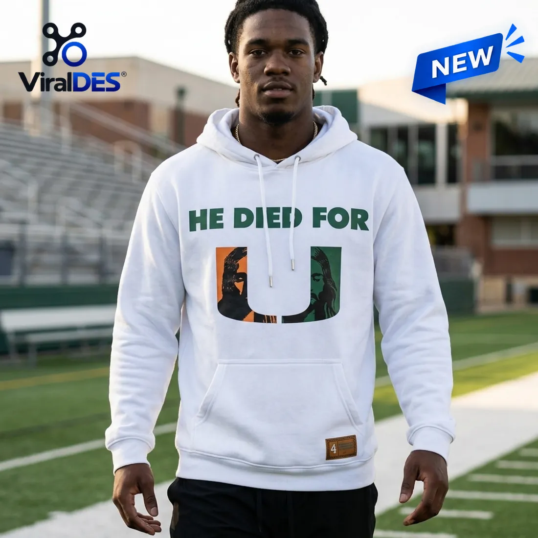Full front view of the Faith Walker He Died For Us White Hoodie worn on a football field sideline