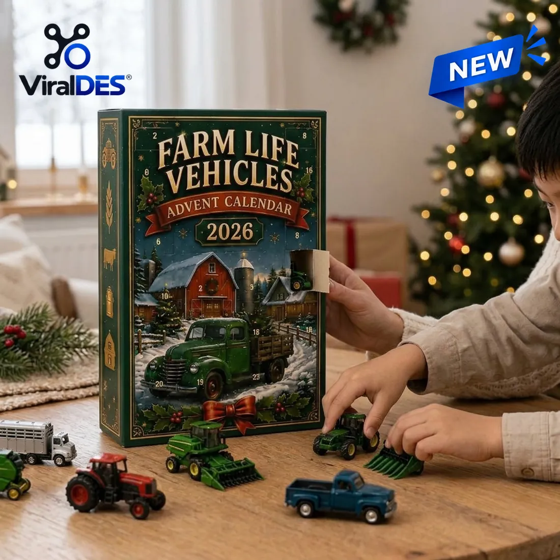 Child opening a perforated compartment door on the Farm Life Vehicles Advent Calendar 2026 with miniature tractors, combine, and cattle truck on a wooden table