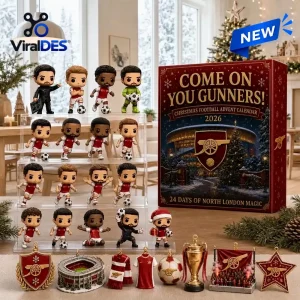 Front view of an Arsenal FC 2026 Christmas Football Advent Calendar with toy figures and ornaments.
