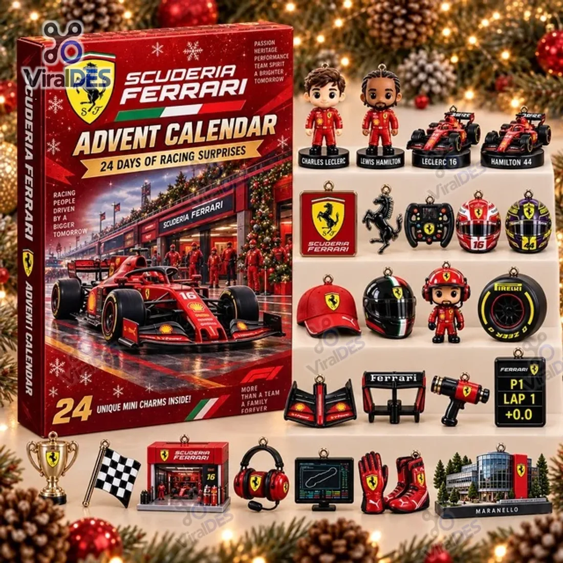 Ferrari Formula One Racing Advent Calendar complete 24-piece 3D miniature collection with Charles Leclerc and Lewis Hamilton figures