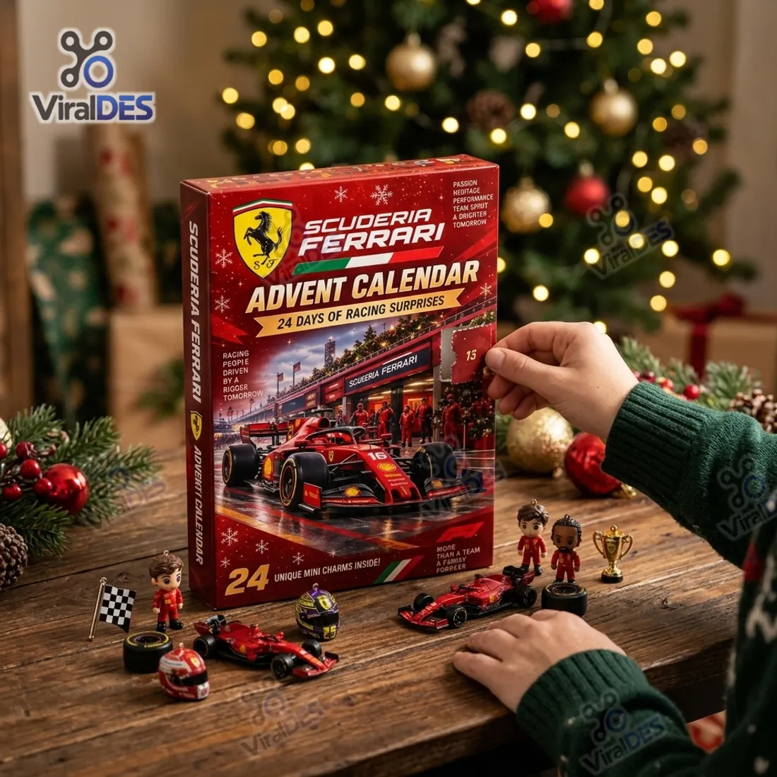 Opening numbered door 13 on the Ferrari Formula One Racing Advent Calendar beside miniature F1 cars and helmets
