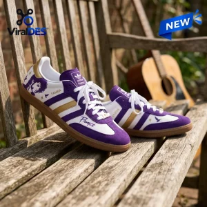 Side view of Adidas Prince Purple Rain Samba shoes resting on a wooden bench with a guitar.