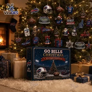 Front view of a Buffalo Bills Christmas Advent Calendar resting on a furry rug before a lit holiday tree with ornaments.