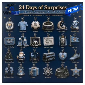 Front view of Manchester City Blue Moon Christmas Advent Calendar 2026 showing 24 numbered ornaments.