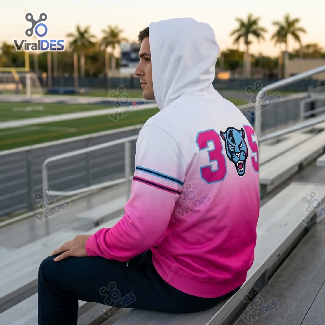 Back view of the Florida International University ViceU 305 Hoodie on stadium bleachers highlighting the 305 FIU Panther head graphic