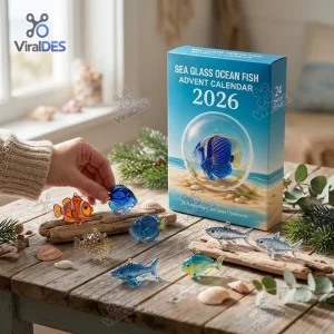 Front view of Sea Glass Ocean Fish Advent Calendar 2026 box with glass animal figurines on wood.