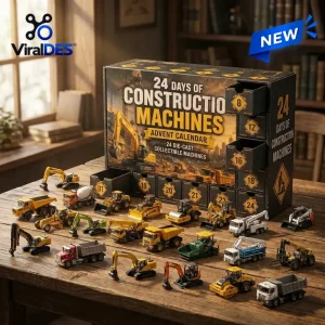 Front view of Heavy Equipment Die-Cast Advent Calendar 2026 with assorted miniature construction vehicles displayed on wooden table.