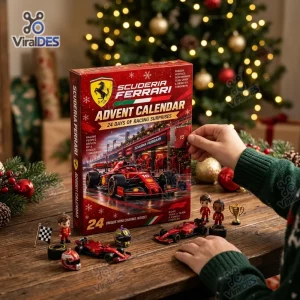 Front view of Ferrari Formula One Racing Advent Calendar on table with opened door and figurines.